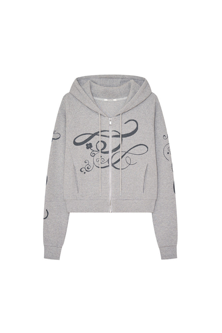 FOLK PATTERN 02 CROP WAFFLE ZIP-UP HOODIE (MELANGE GREY)