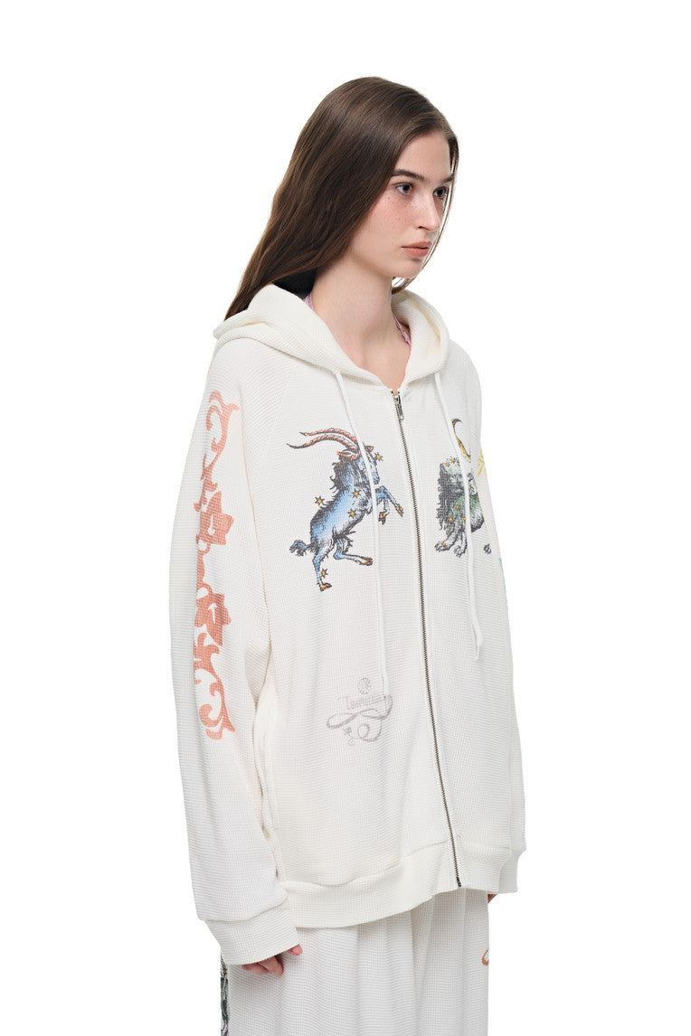 TWIN ZODIAC WAFFLE ZIP-UP HOODIE (WHITE)