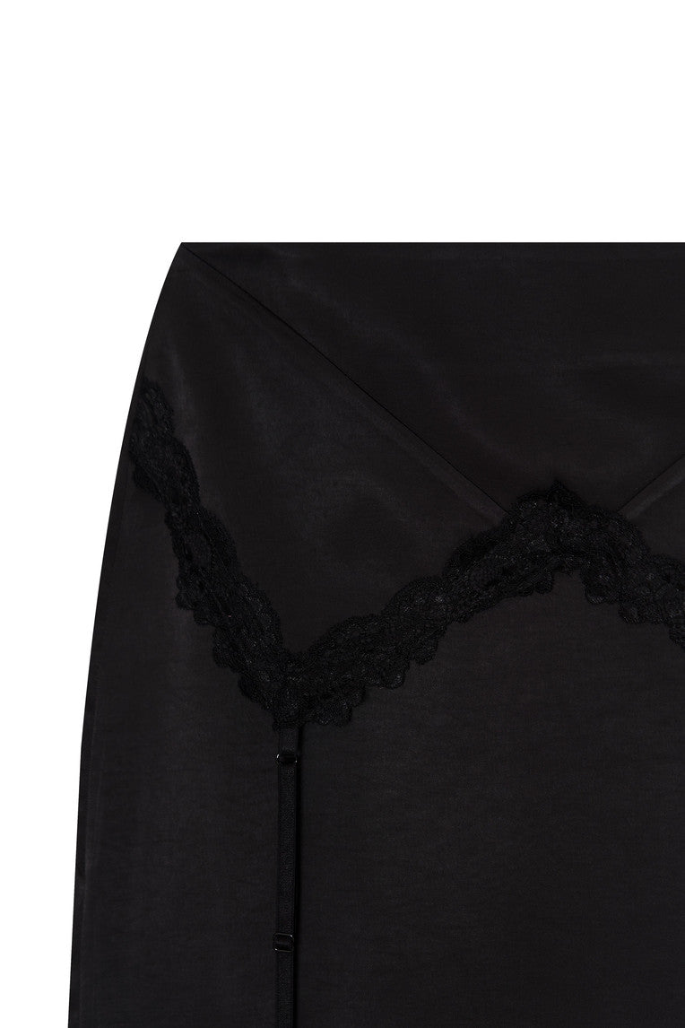 LACE TRIM GARTER MIDI SKIRT (BLACK)