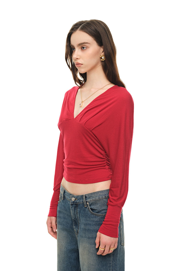 DEEP V-NECK SHIRRING TOP (RED)