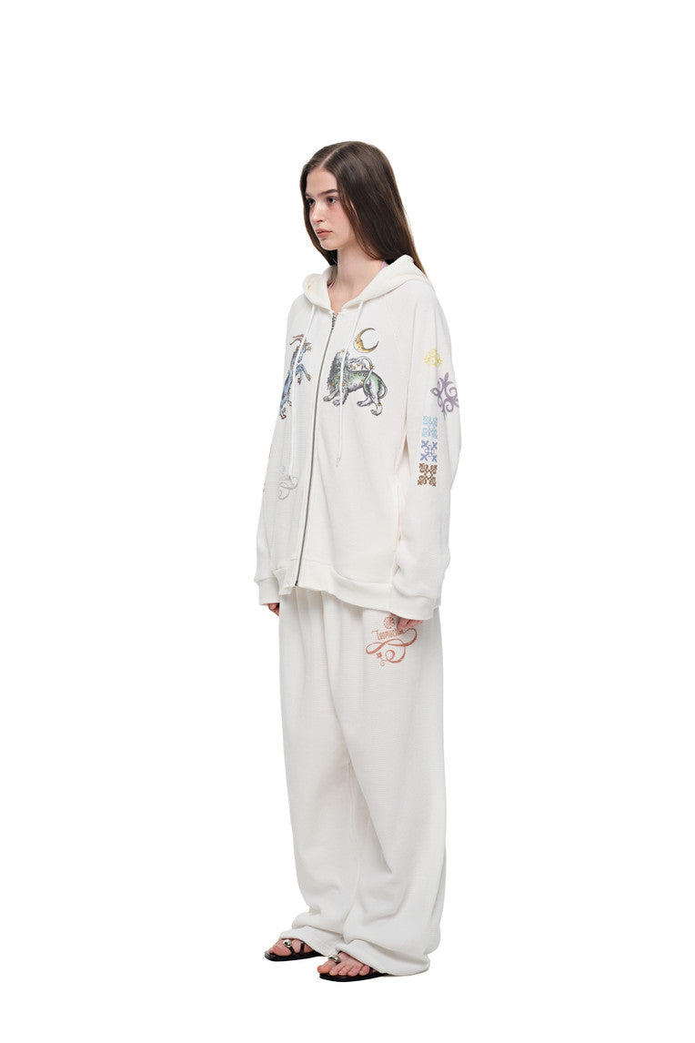 TWIN ZODIAC WAFFLE ZIP-UP HOODIE (WHITE)