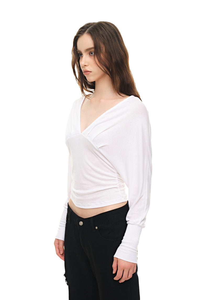 DEEP V-NECK SHIRRING TOP (WHITE)