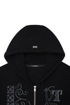 FOLK PATTERN CROP WAFFLE ZIP-UP HOODIE (BLACK)