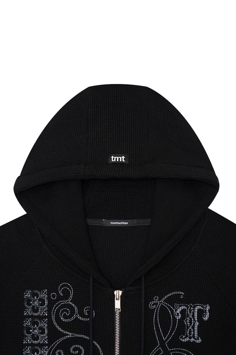 FOLK PATTERN CROP WAFFLE ZIP-UP HOODIE (BLACK)