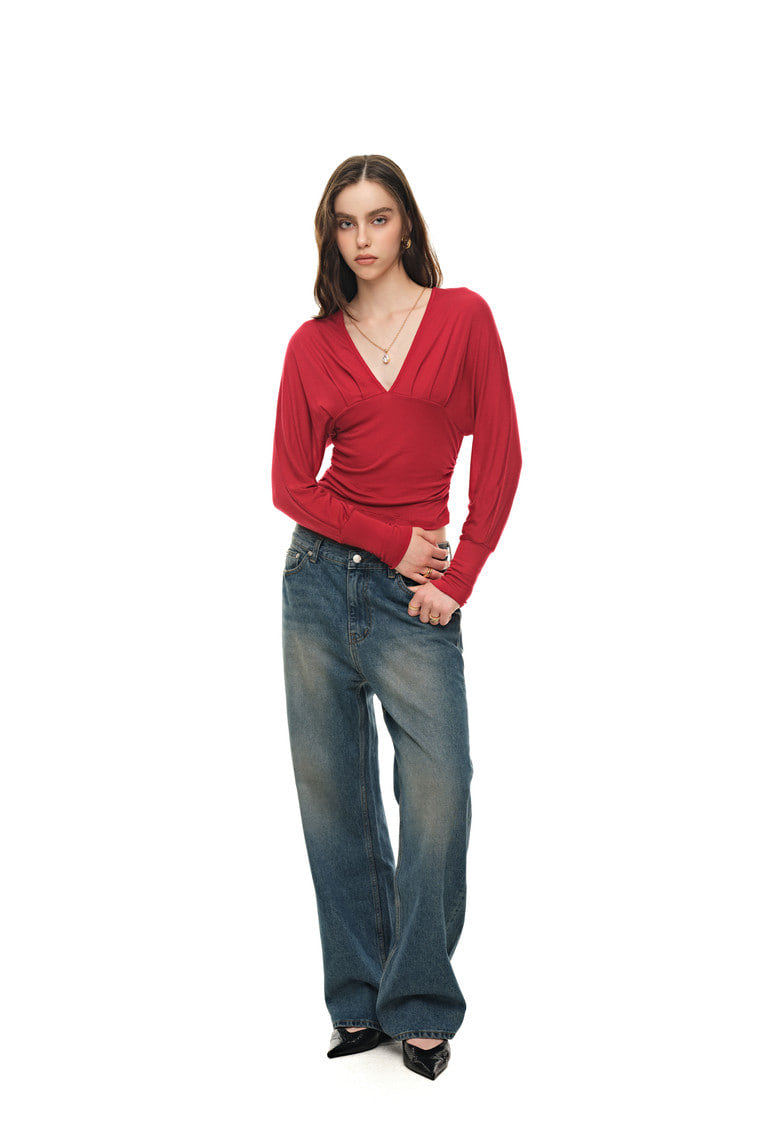 DEEP V-NECK SHIRRING TOP (RED)