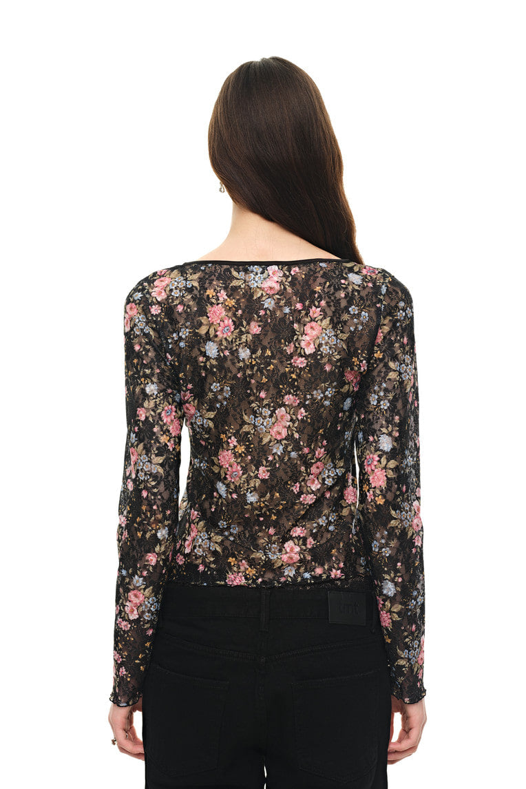 METALLIC FLORAL KEYHOLE TIE TOP (BLACK)