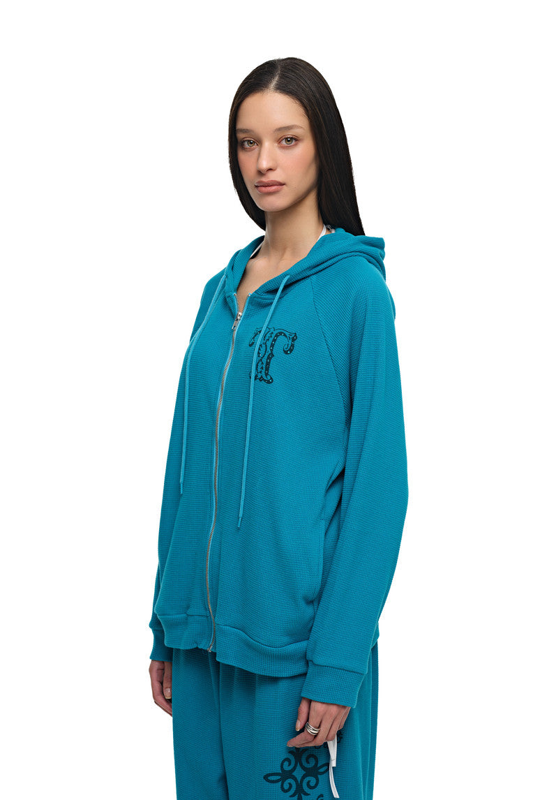 LEO HOTFIX WAFFLE ZIP-UP HOODIE (TEAL)