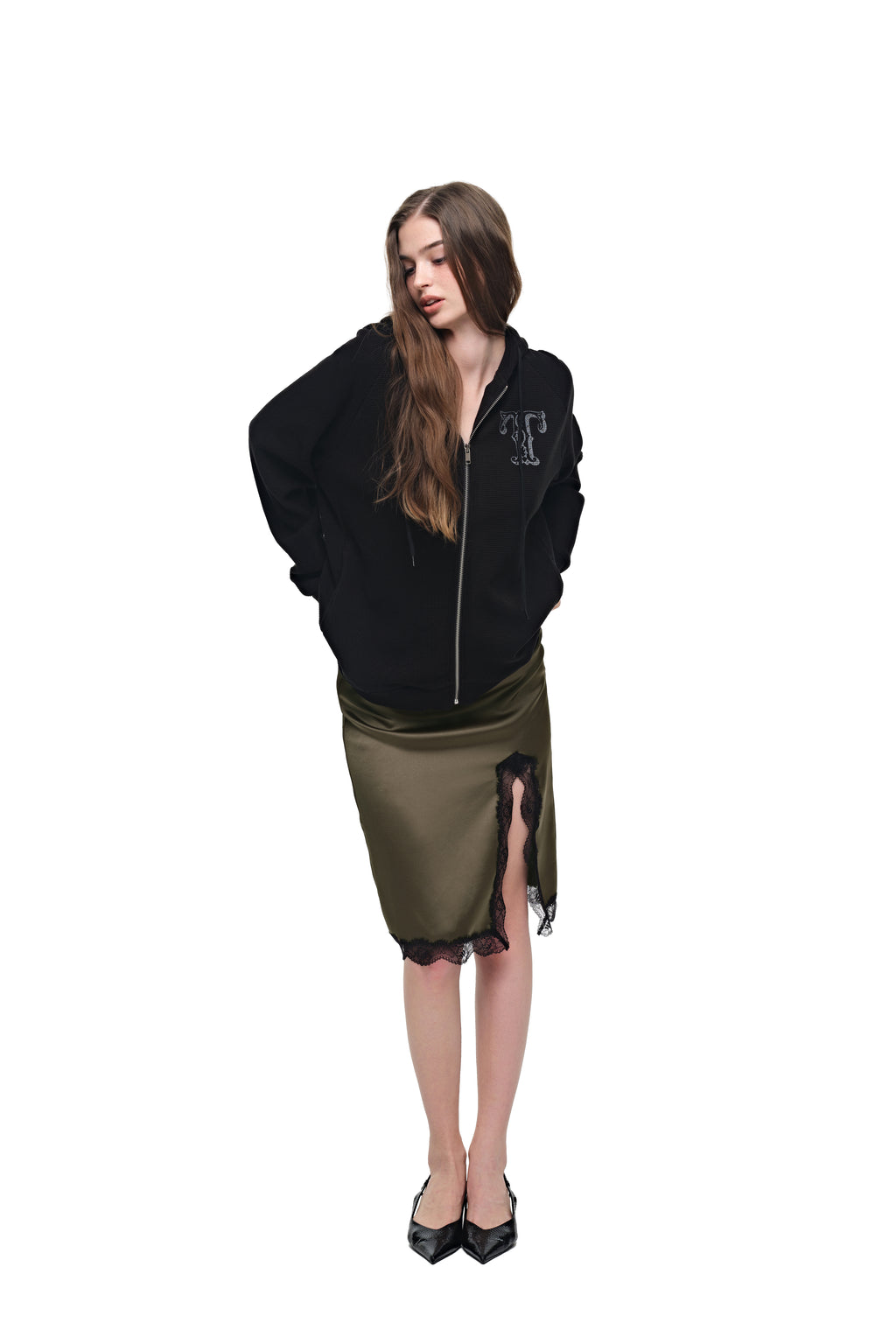 LEO HOTFIX WAFFLE ZIP-UP HOODIE (BLACK)