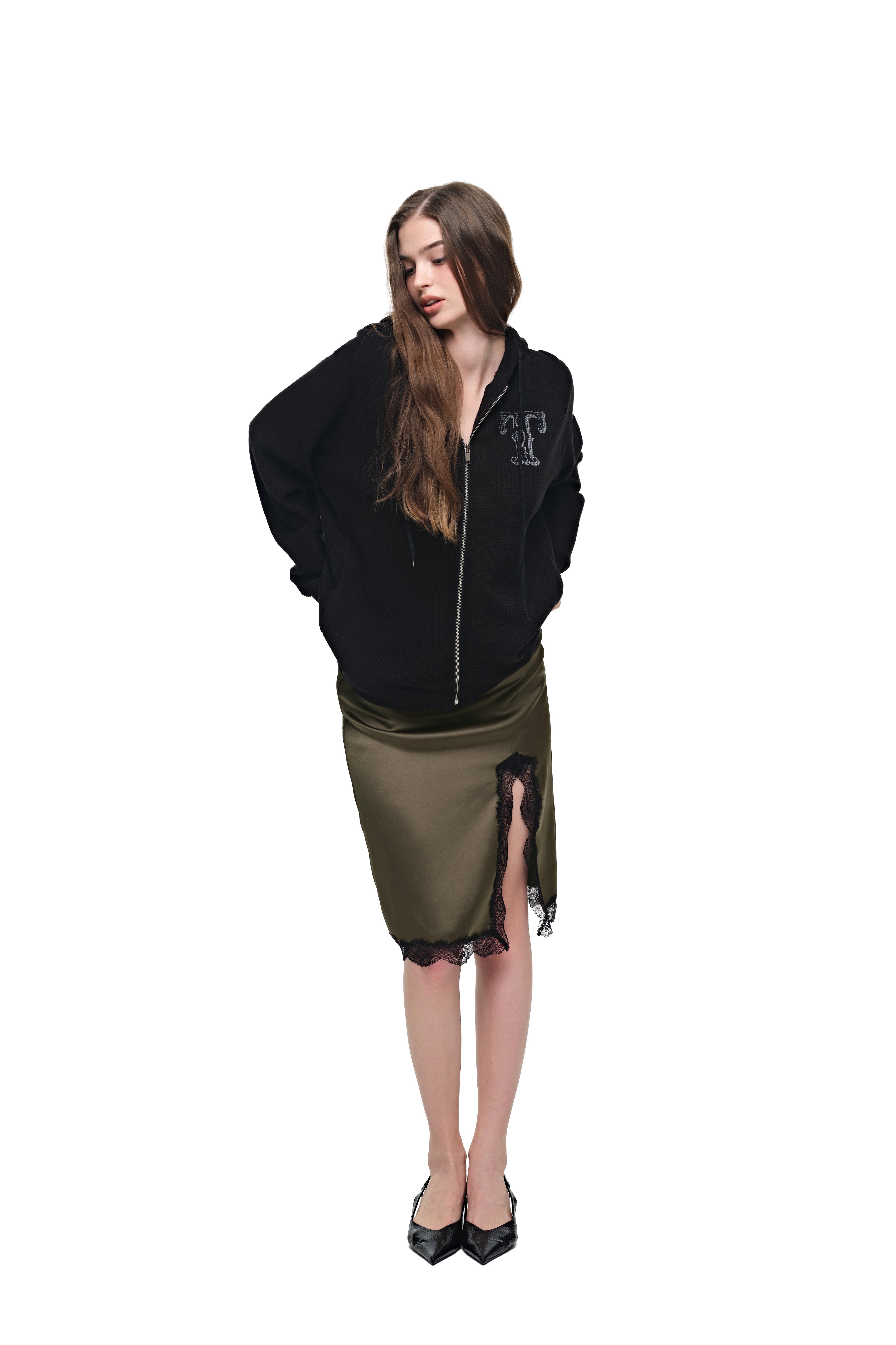 LEO HOTFIX WAFFLE ZIP-UP HOODIE (BLACK)