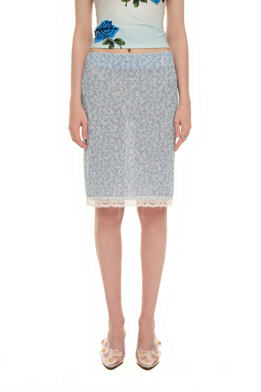 LACE POINT SPARKLE MIDI SKIRT (LIGHT BLUE)