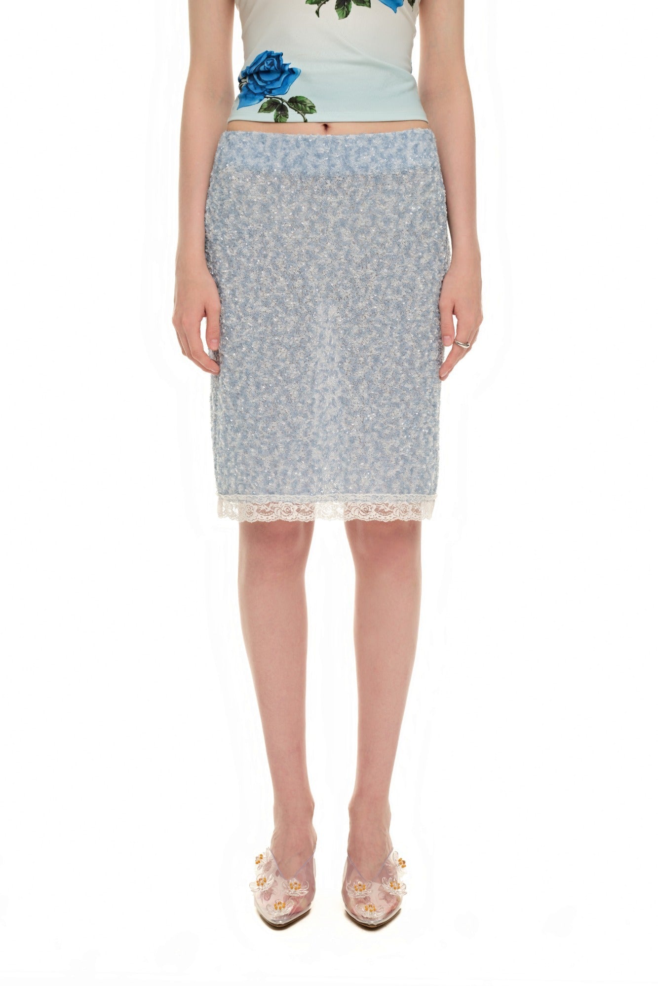 LACE POINT SPARKLE MIDI SKIRT (LIGHT BLUE)