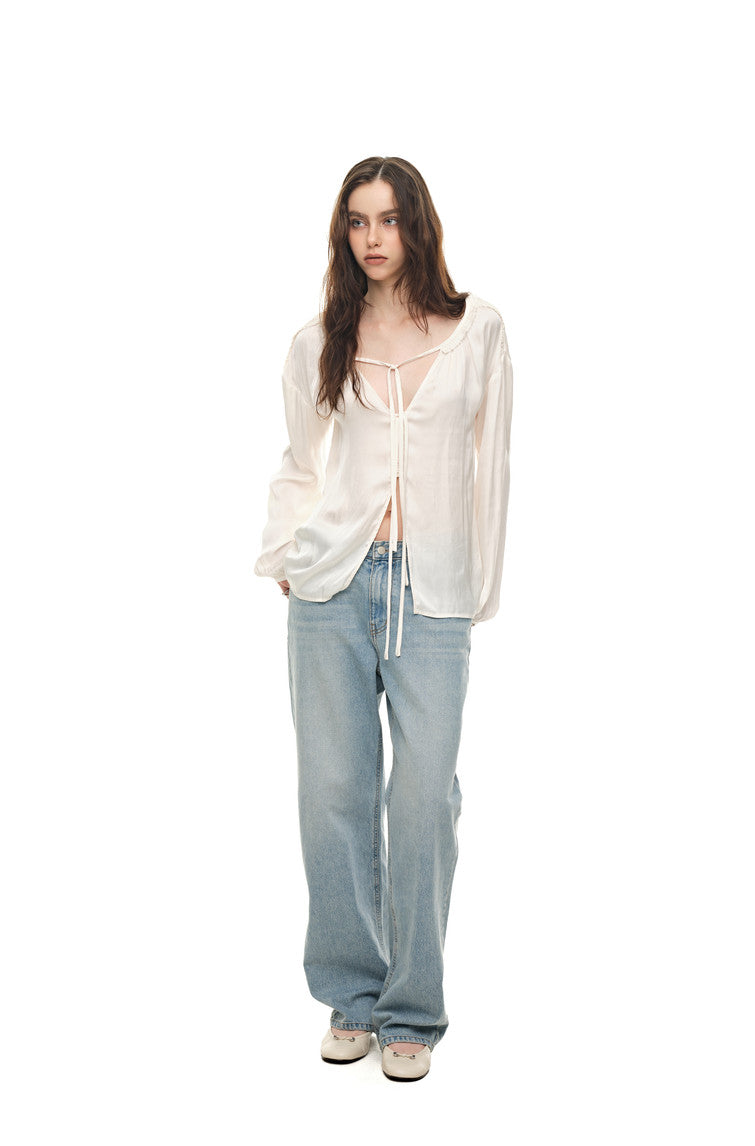 FRILL TRIM TIE BLOUSE (IVORY)