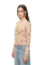 METALLIC FLORAL KEYHOLE TIE TOP (YELLOW)