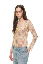 METALLIC FLORAL KEYHOLE TIE TOP (YELLOW)