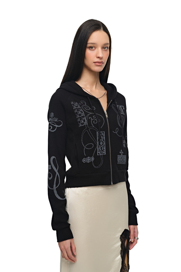FOLK PATTERN CROP WAFFLE ZIP-UP HOODIE (BLACK)
