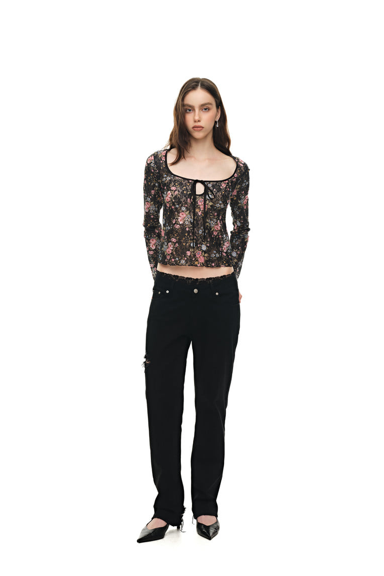 METALLIC FLORAL KEYHOLE TIE TOP (BLACK)