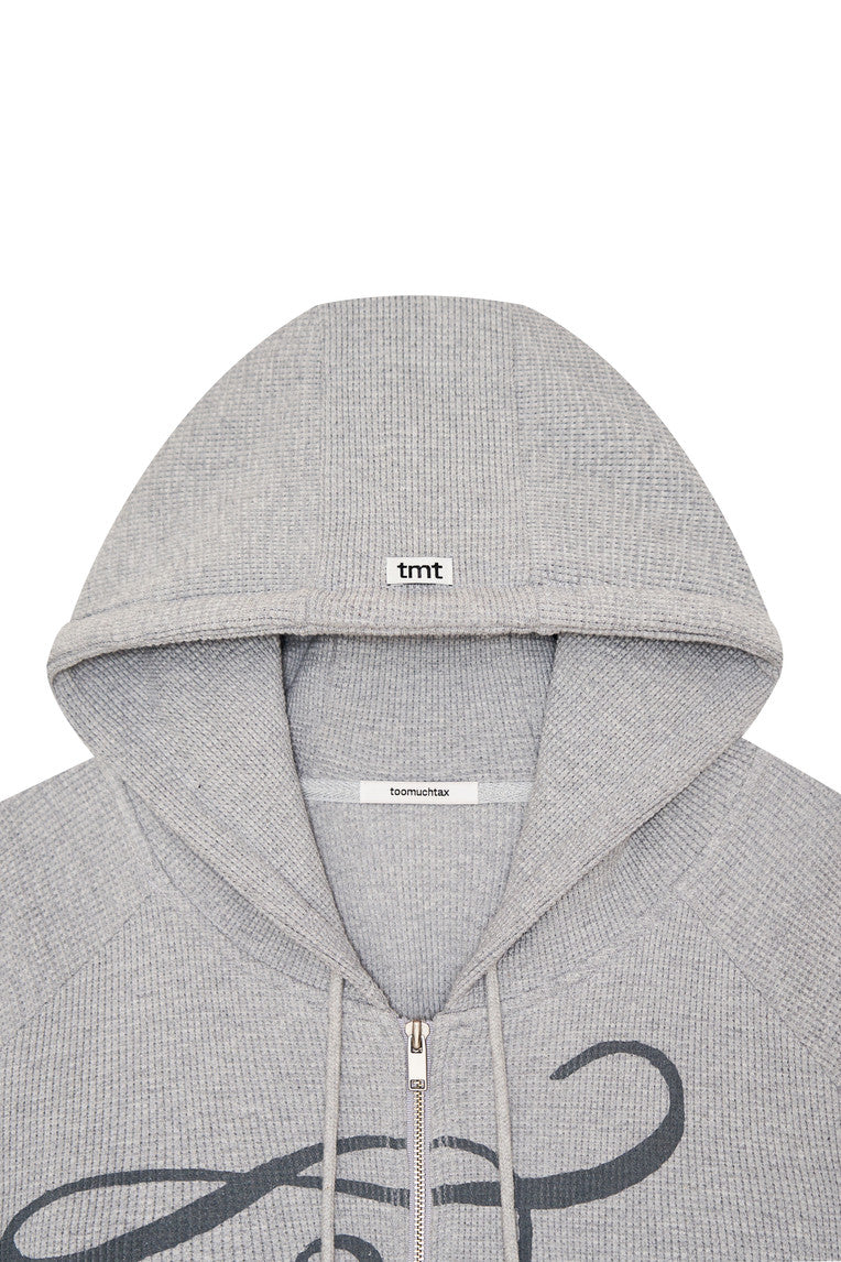 FOLK PATTERN 02 CROP WAFFLE ZIP-UP HOODIE (MELANGE GREY)