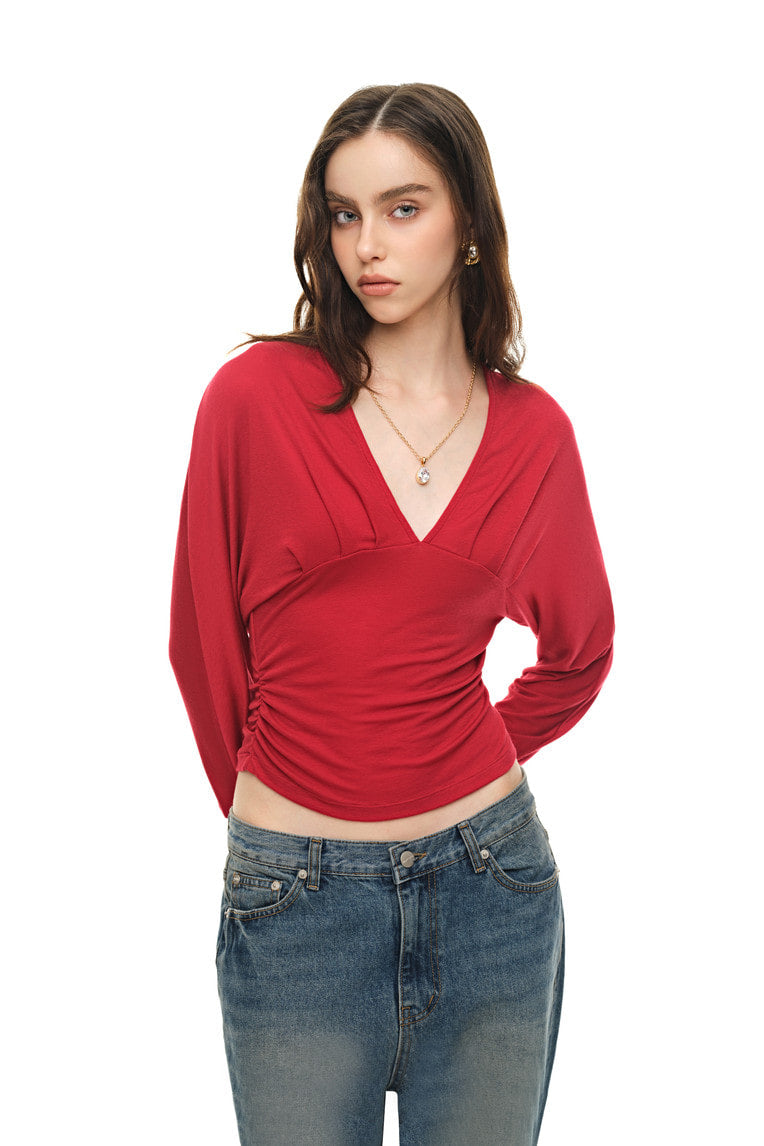 DEEP V-NECK SHIRRING TOP (RED)