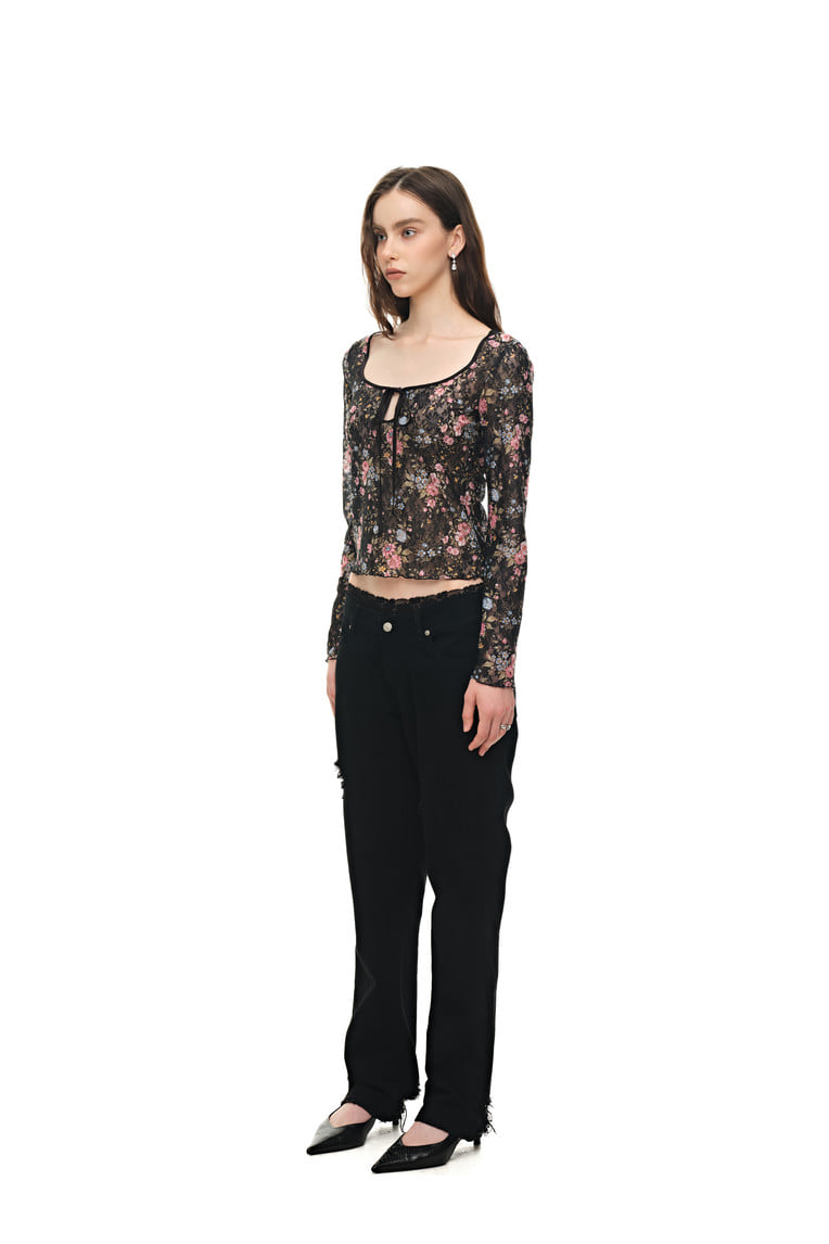 METALLIC FLORAL KEYHOLE TIE TOP (BLACK)