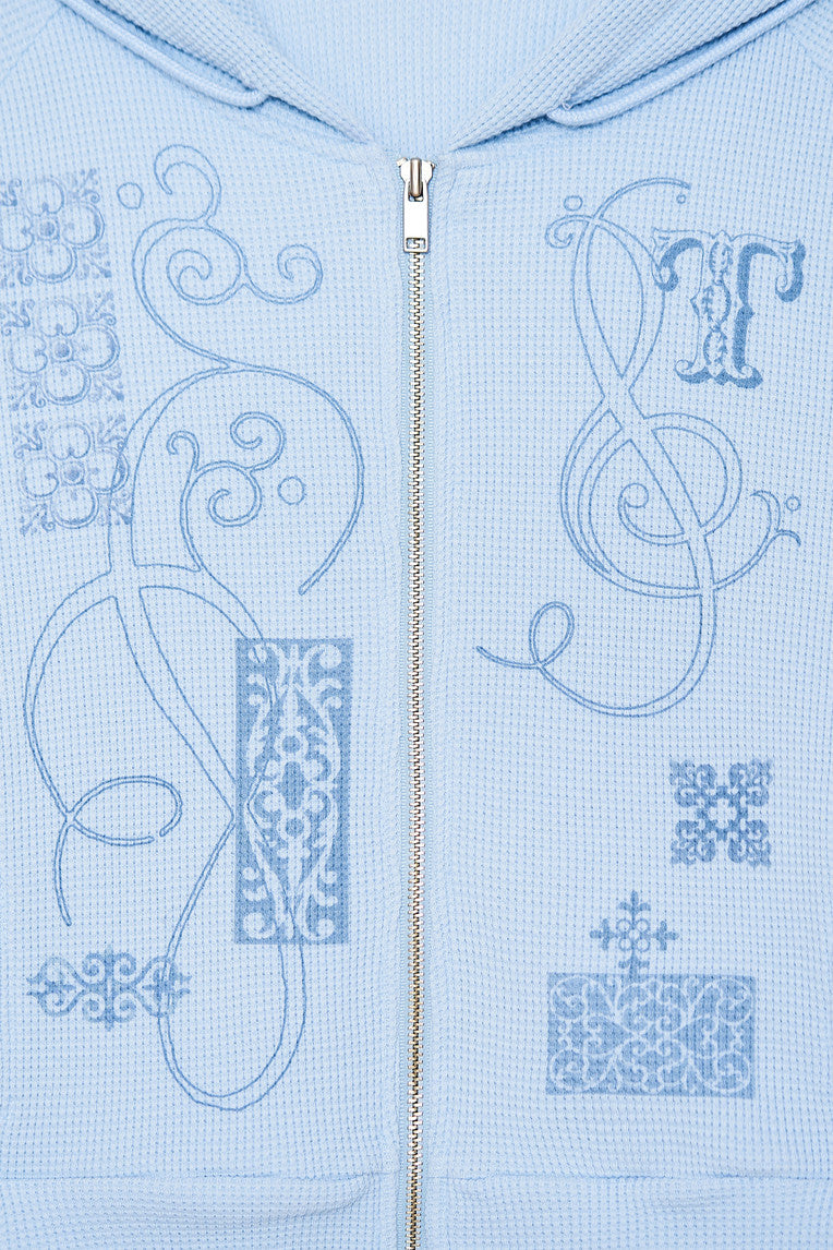 FOLK PATTERN CROP WAFFLE ZIP-UP HOODIE (LIGHT BLUE)