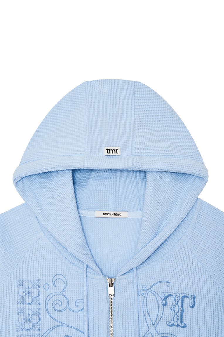 FOLK PATTERN CROP WAFFLE ZIP-UP HOODIE (LIGHT BLUE)