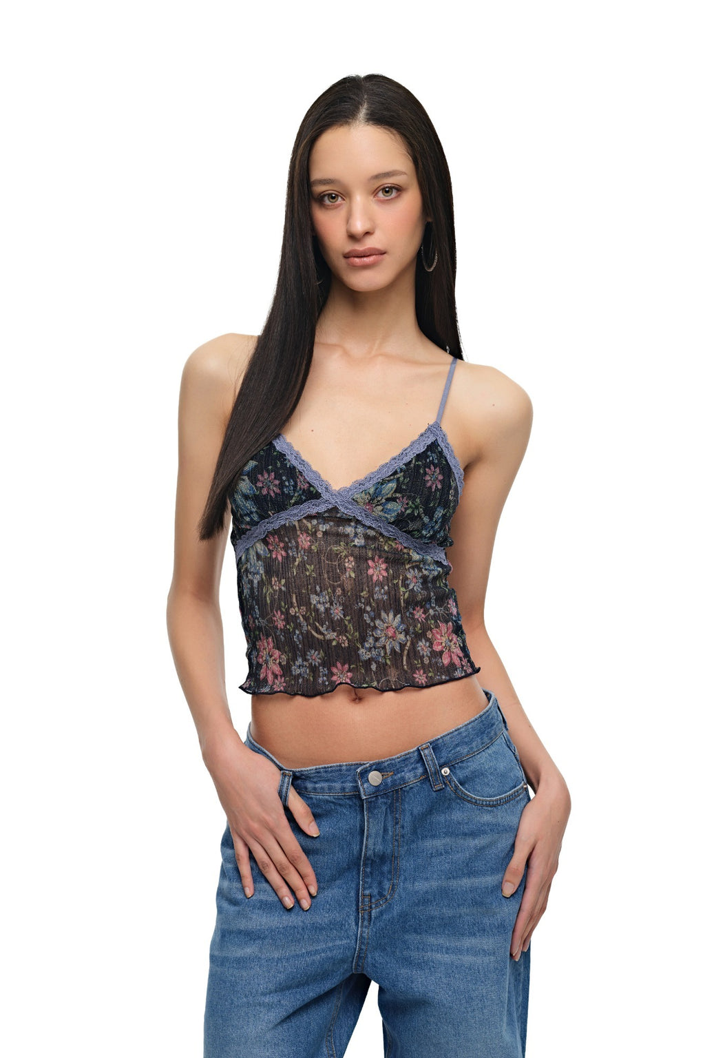 [Ships June 5] METALLIC FLORAL 03 LACE CAMI TOP (NAVY)
