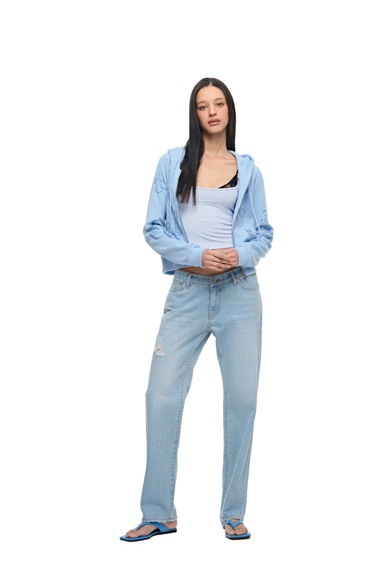 FOLK PATTERN CROP WAFFLE ZIP-UP HOODIE (LIGHT BLUE)