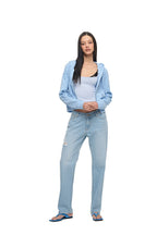 FOLK PATTERN CROP WAFFLE ZIP-UP HOODIE (LIGHT BLUE)