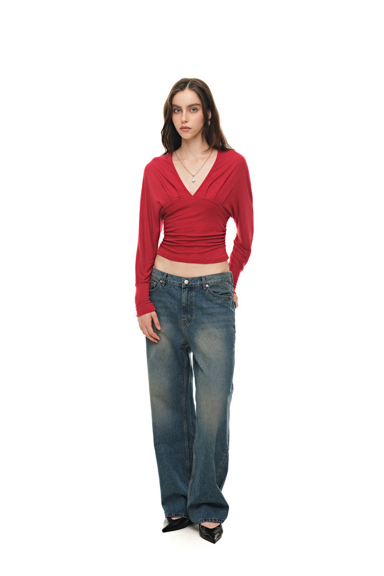 DEEP V-NECK SHIRRING TOP (RED)