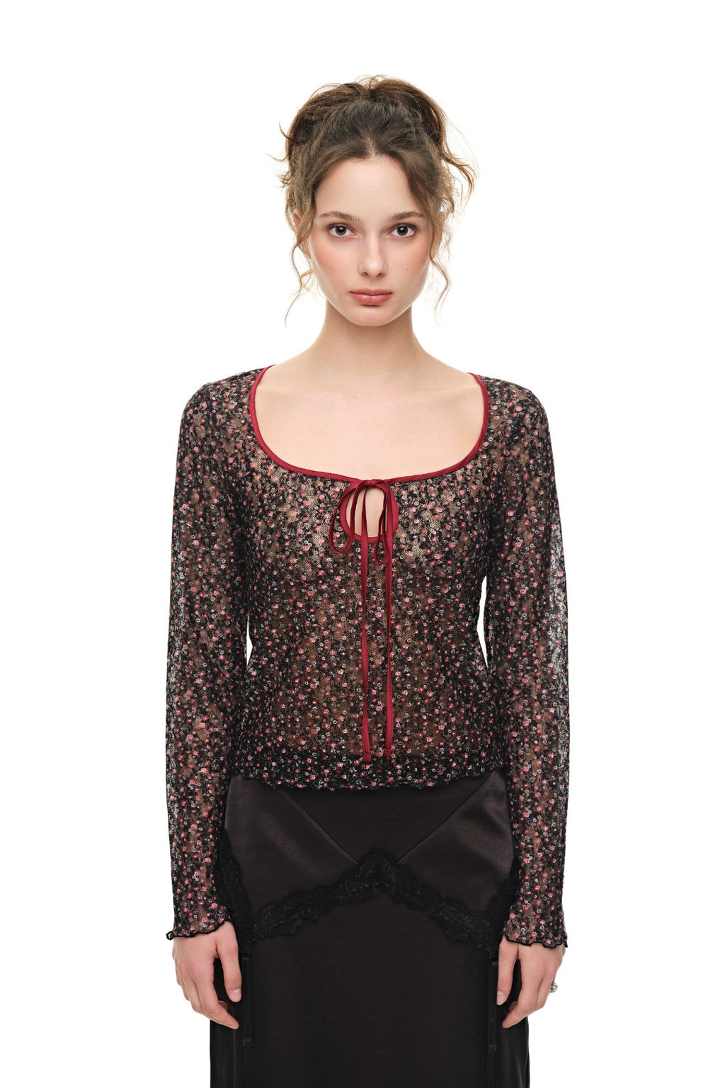 METALLIC FLORAL 02 KEYHOLE TIE TOP (RED) - 1