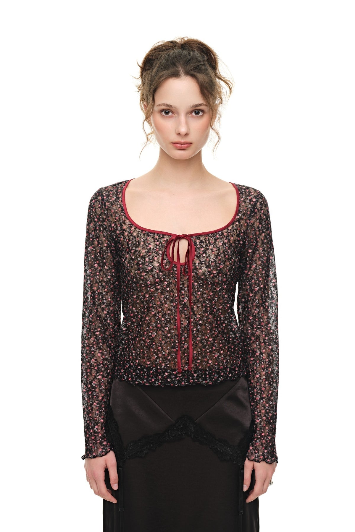 METALLIC FLORAL 02 KEYHOLE TIE TOP (RED) - 1