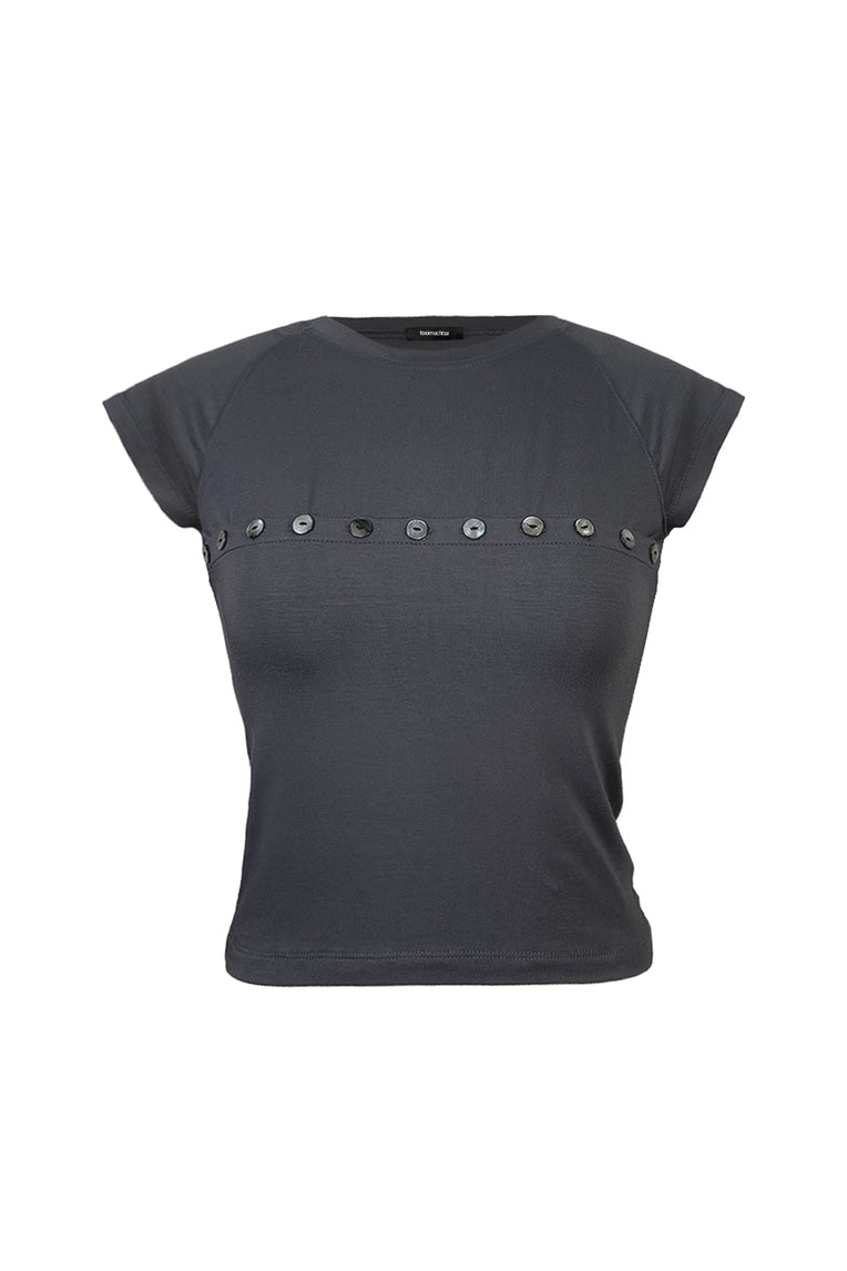 MOTHER OF PEARL BUTTON RAGLAN T-SHIRT (CHARCOAL)