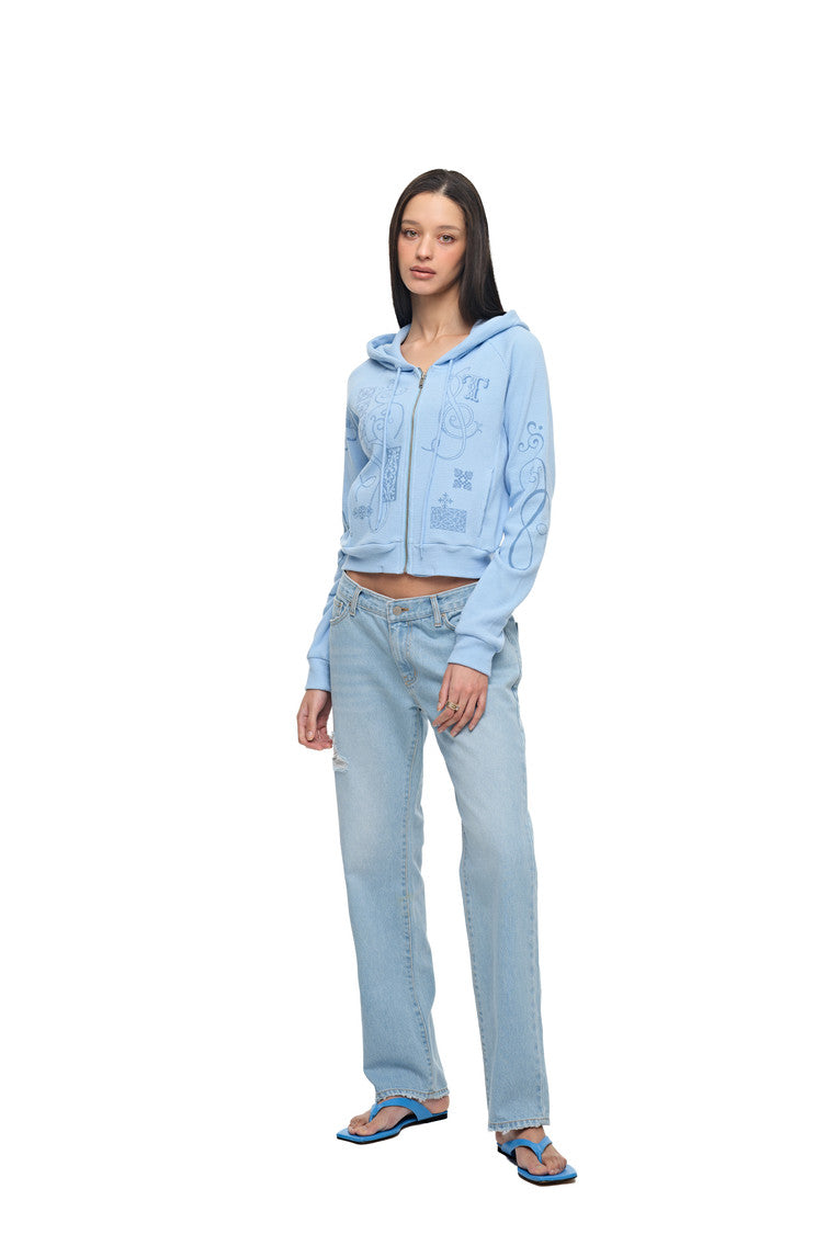 FOLK PATTERN CROP WAFFLE ZIP-UP HOODIE (LIGHT BLUE)
