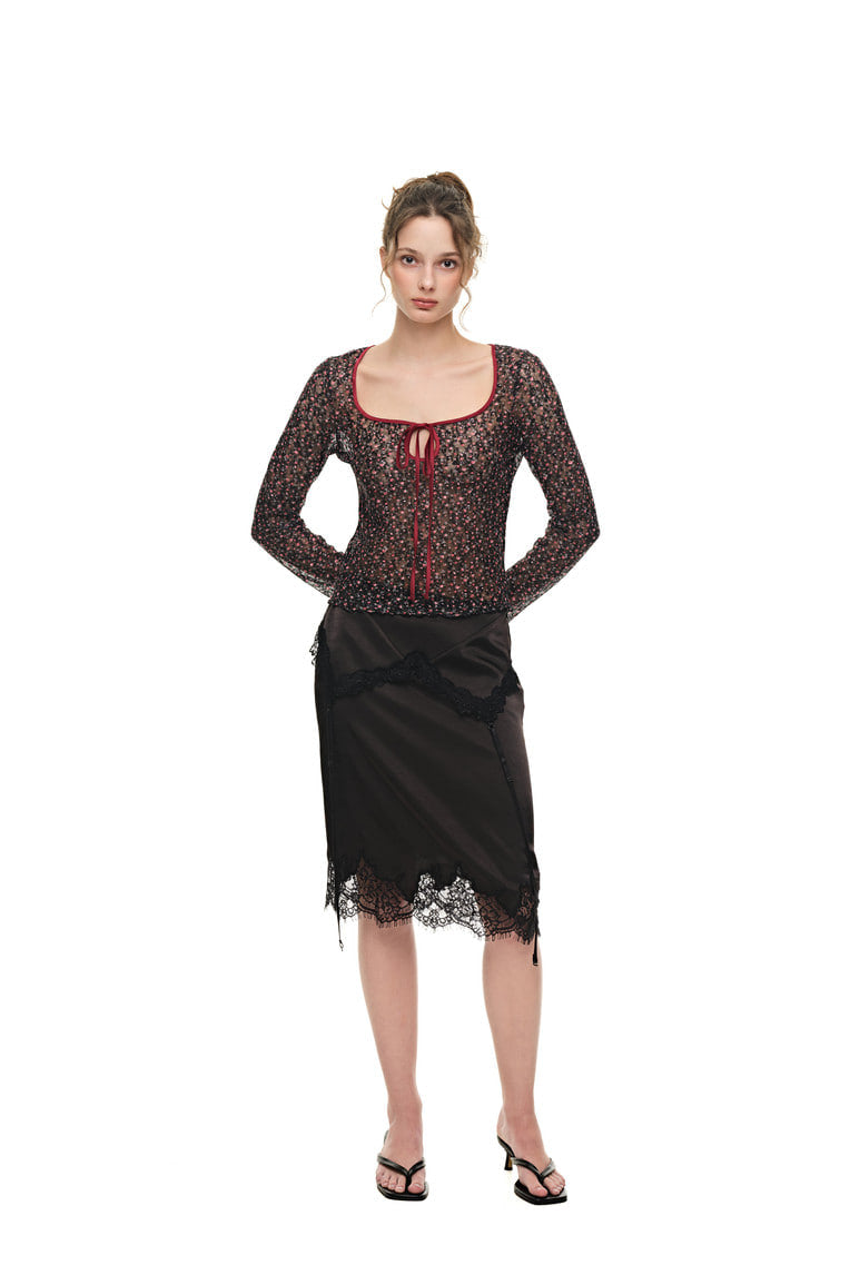 METALLIC FLORAL 02 KEYHOLE TIE TOP (RED) - 4
