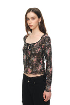 METALLIC FLORAL KEYHOLE TIE TOP (BLACK)