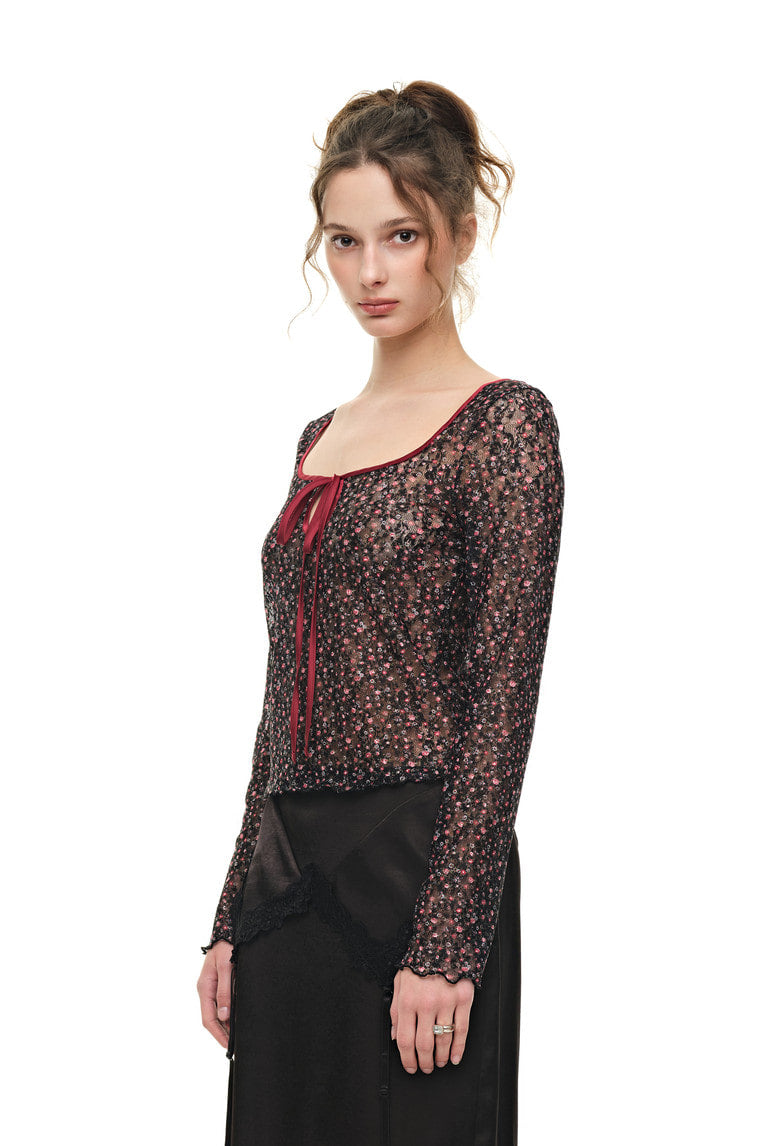 METALLIC FLORAL 02 KEYHOLE TIE TOP (RED) - 7