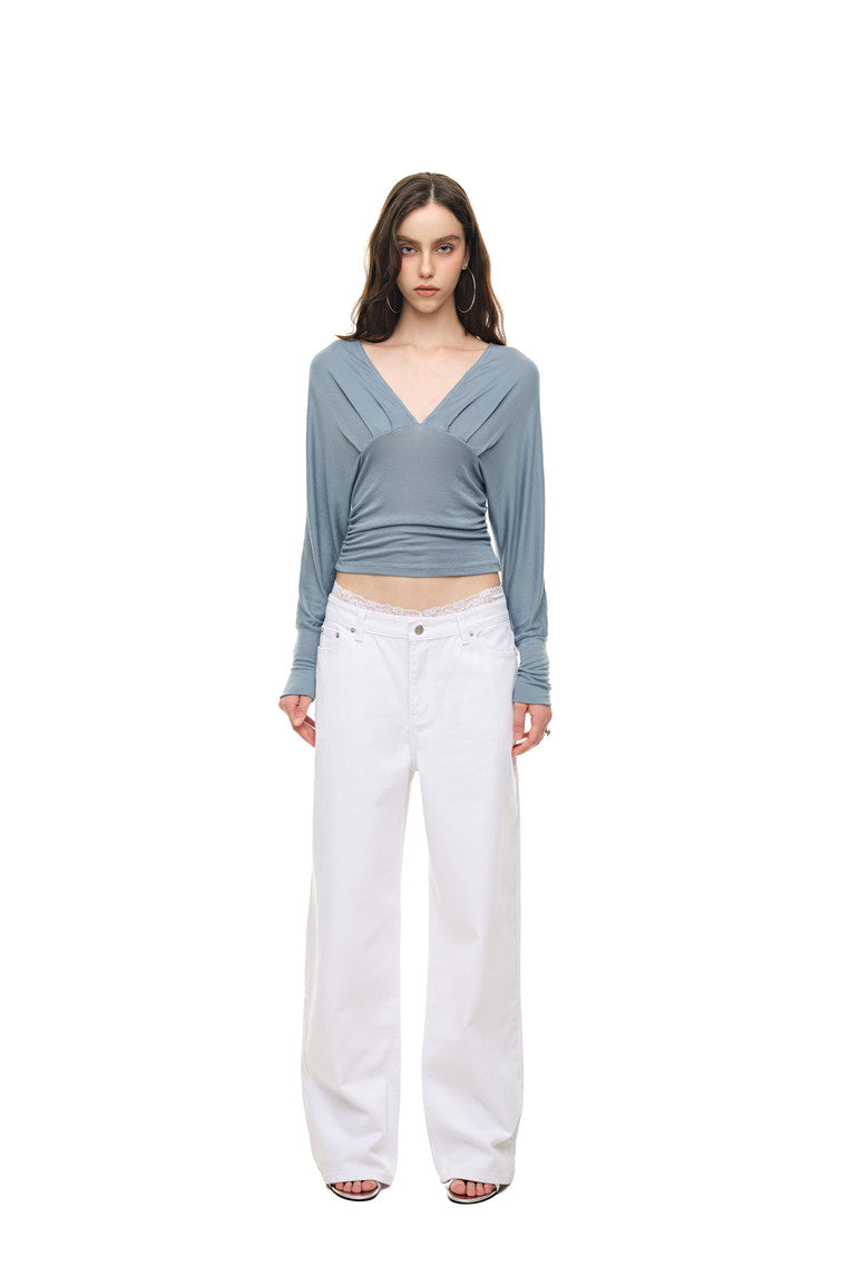 DEEP V-NECK SHIRRING TOP (LIGHT BLUE)
