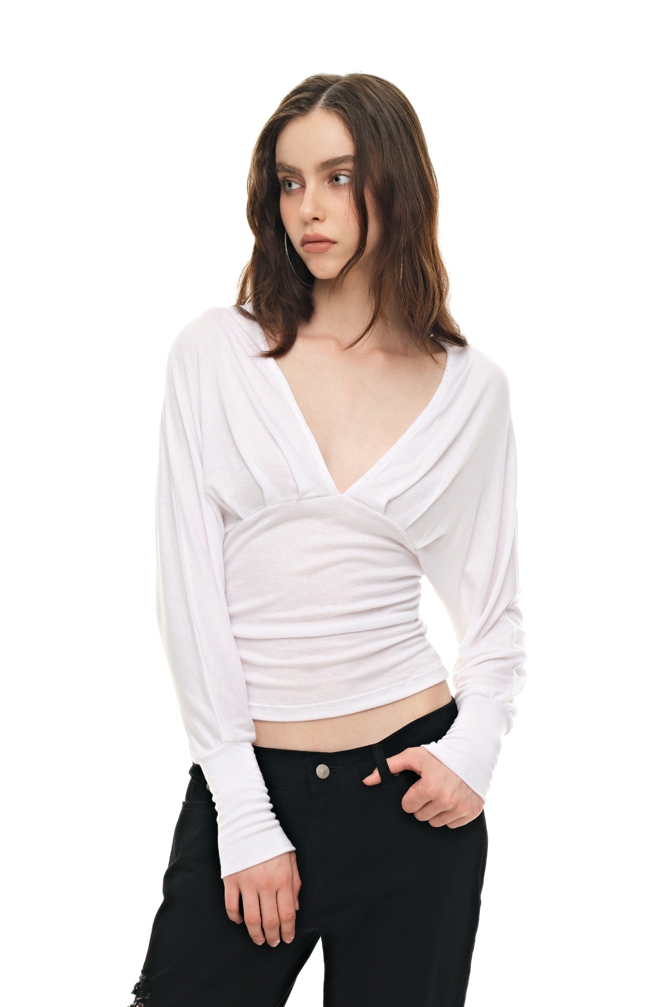 DEEP V-NECK SHIRRING TOP (WHITE)