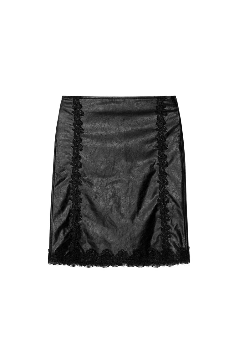 LACE POINT LEATHER MIDI SKIRT (BLACK)