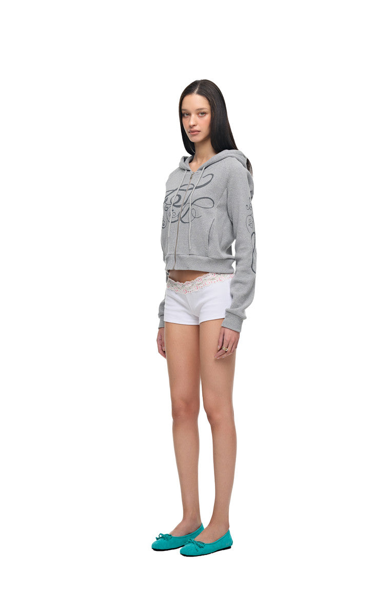 FOLK PATTERN 02 CROP WAFFLE ZIP-UP HOODIE (MELANGE GREY)