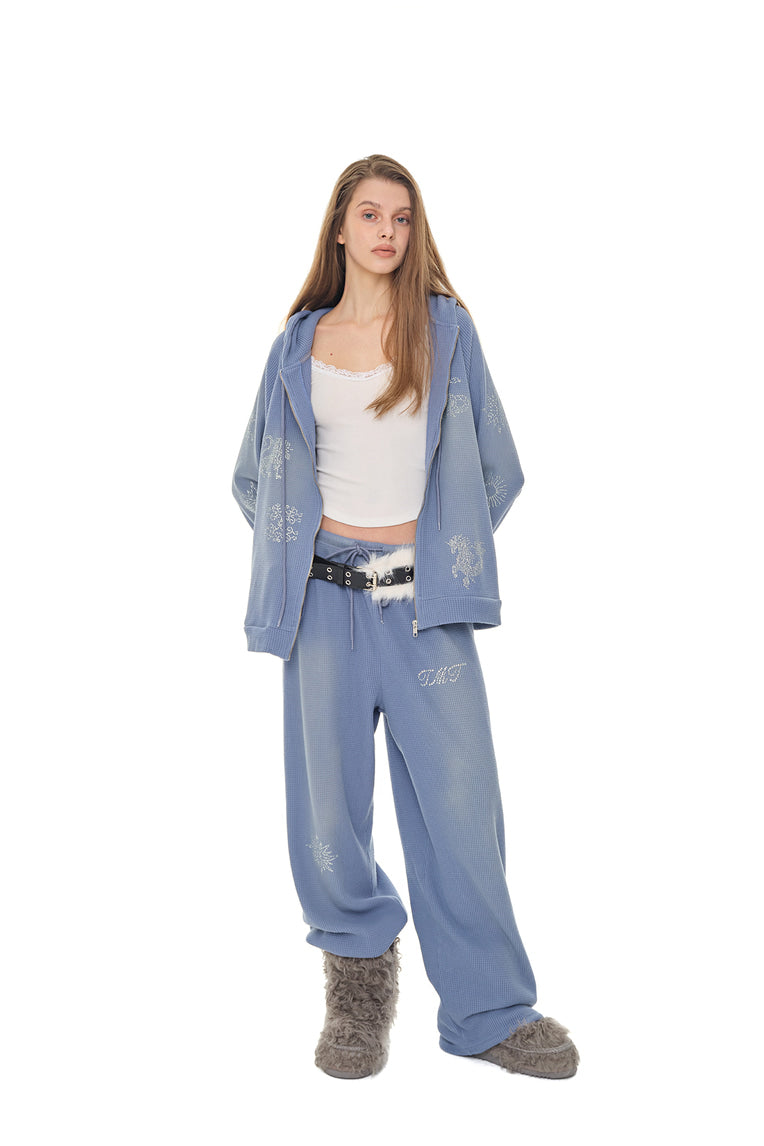 ZODIAC HOTFIX WAFFLE ZIP-UP HOODIE (WASHED BLUE)