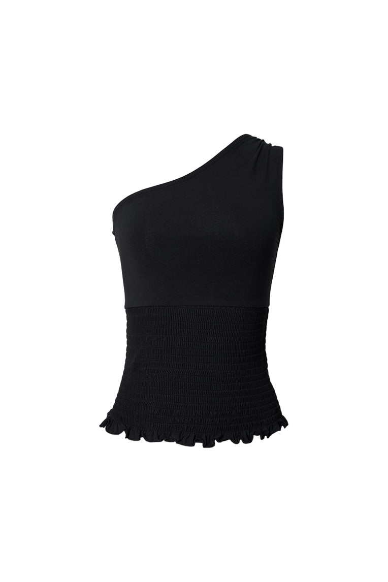 SMOCKED ONE SHOULDER TOP (BLACK)