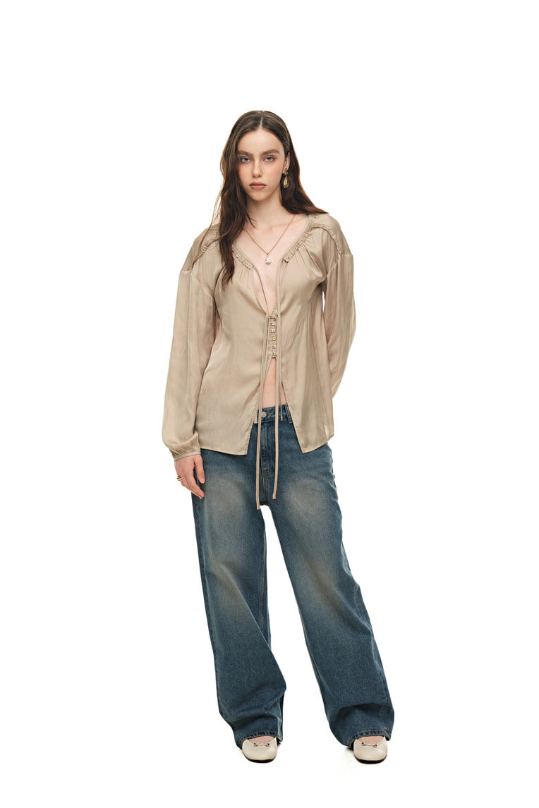 FRILL TRIM TIE BLOUSE (BEIGE)