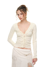 FRILL TRIM V-NECK CARDIGAN (IVORY)