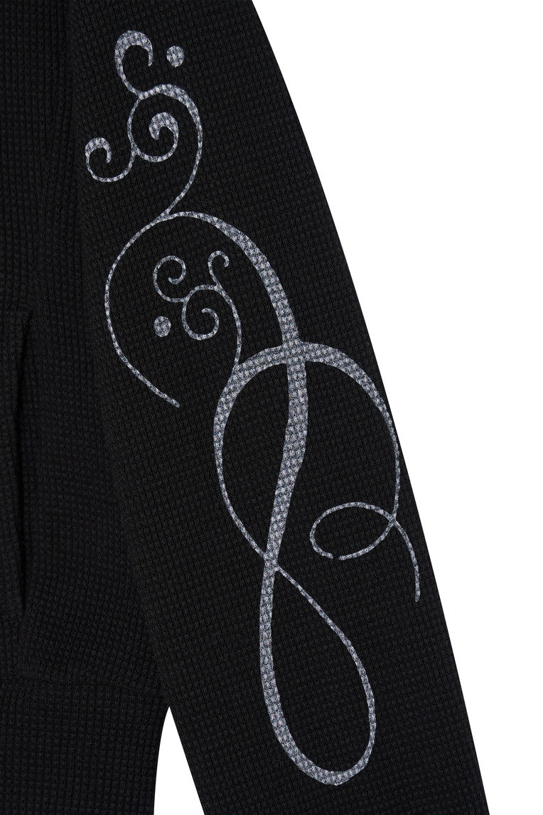 FOLK PATTERN CROP WAFFLE ZIP-UP HOODIE (BLACK)