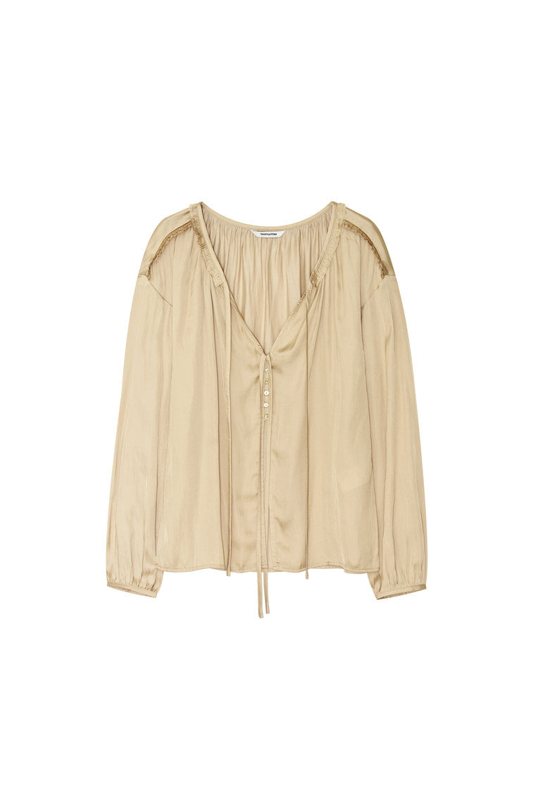 FRILL TRIM TIE BLOUSE (BEIGE)