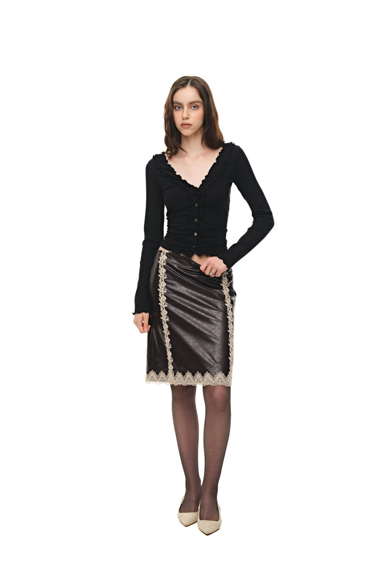 LACE POINT LEATHER MIDI SKIRT (BURGUNDY)