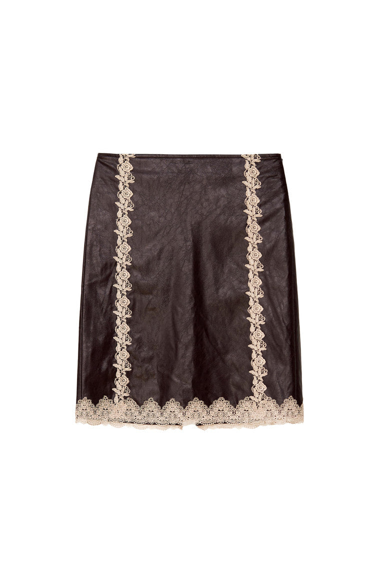 LACE POINT LEATHER MIDI SKIRT (BURGUNDY)