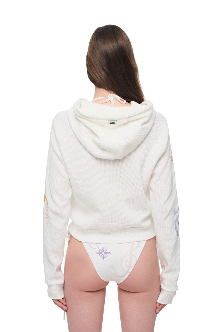 FOLK PATTERN CROP WAFFLE ZIP-UP HOODIE (WHITE)