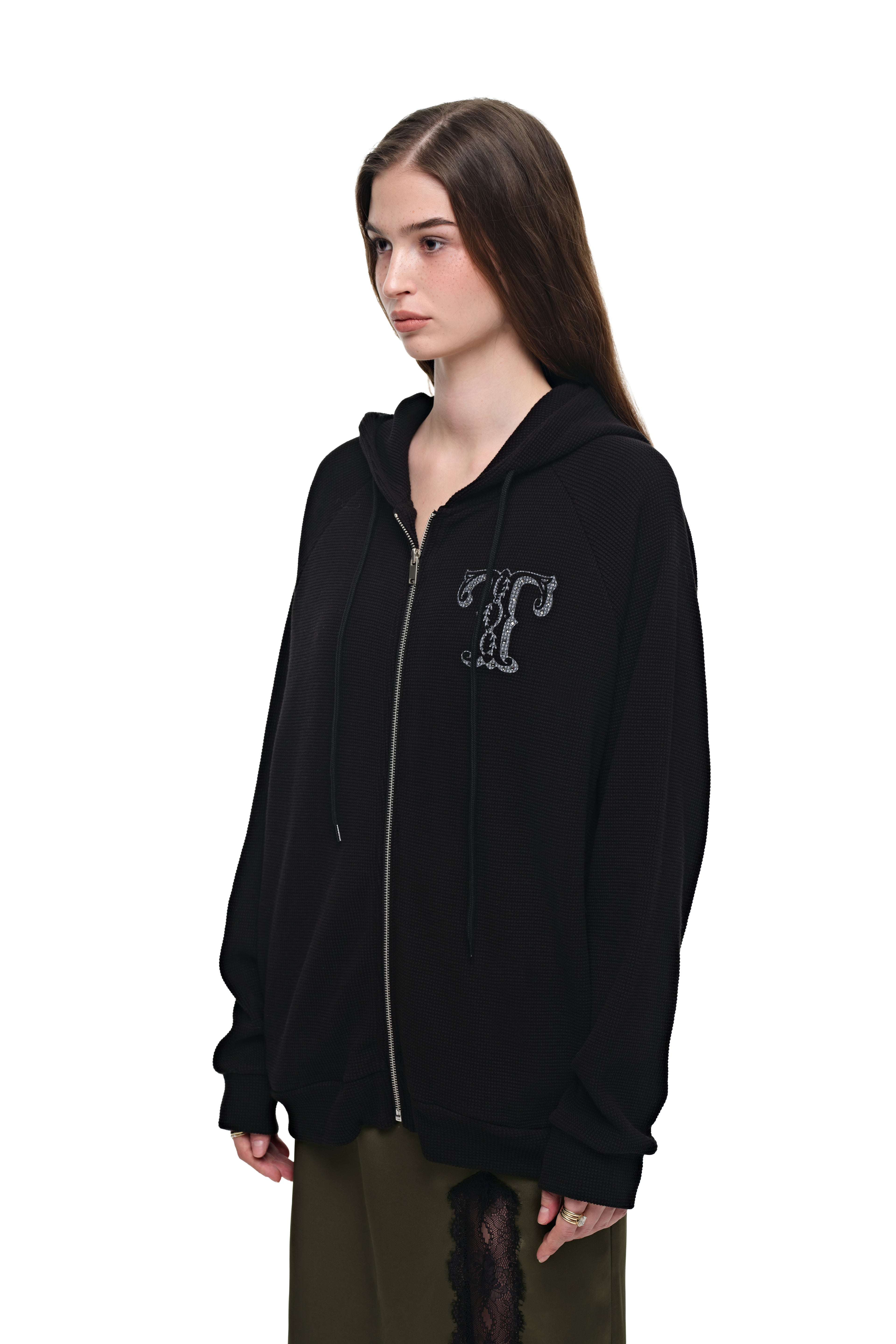 LEO HOTFIX WAFFLE ZIP-UP HOODIE (BLACK)